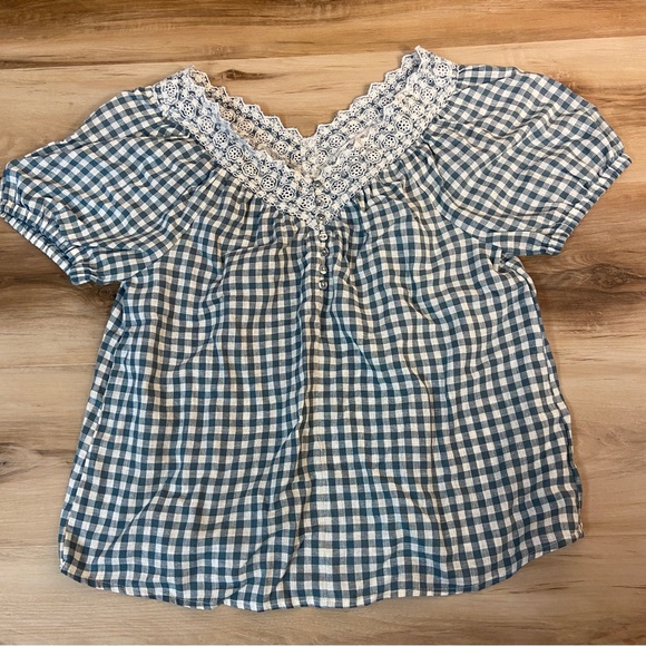 Madewell Top Womens XXS Embroidered Linen-Blend Swing Top in Gingham Check - Picture 9 of 9
